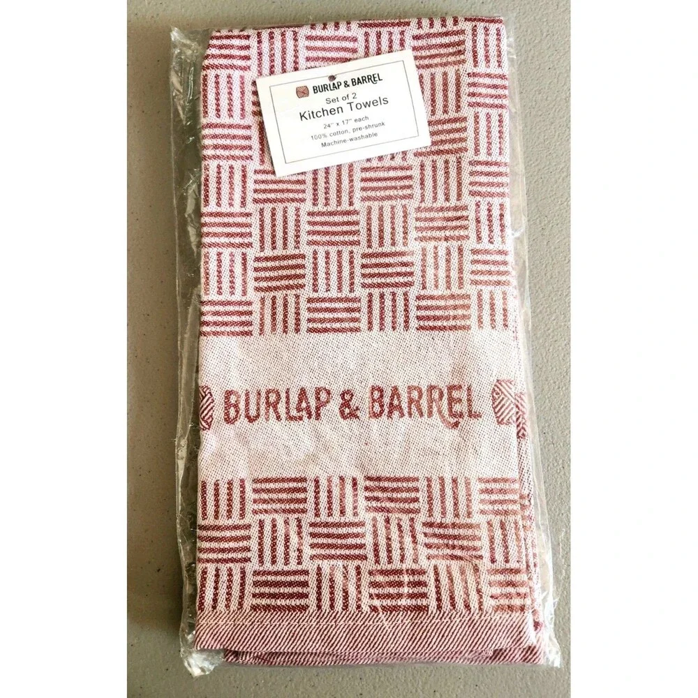 Set Of 2 NWT BURLAP & BARREL Kitchen Towels Red White 100% Cotton 24